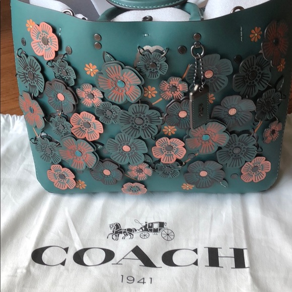 Coach Handbags - NWT Authentic Coach Rogue Teal Tea Rose Bag